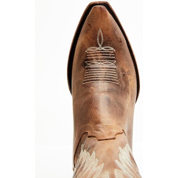 Women's Embroidered Chunky Heel Mid Calf Pointed Toe Pull On Cowgirl Boot Tan - Picture 6 of 6